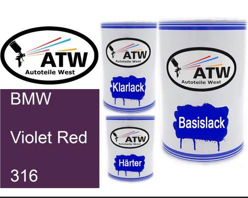 BMW, Violet Red, 316: 500ml Lackdose + 500ml Klarlack + 250ml Härter - Set, von ATW Autoteile West.